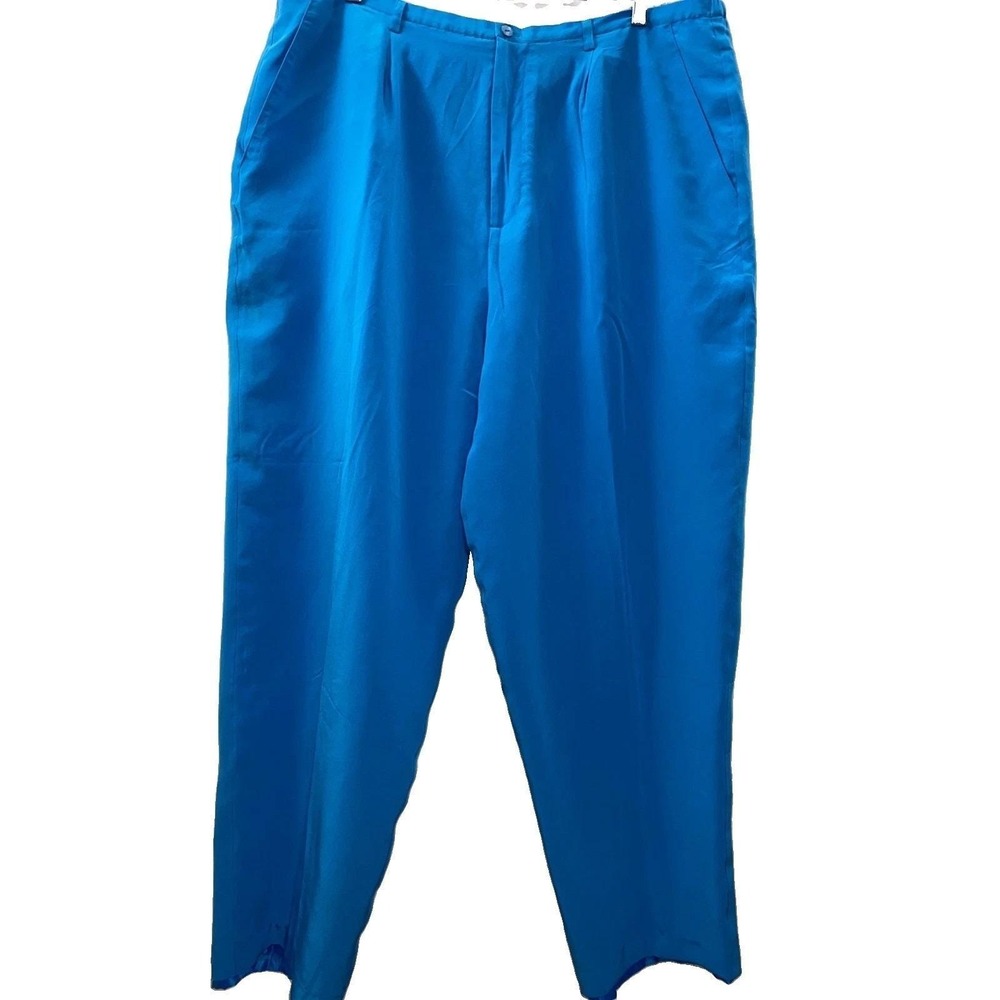 Tribeca Studio Silk Pants Women 22W Blue Pleated Tapered High Rise Trousers